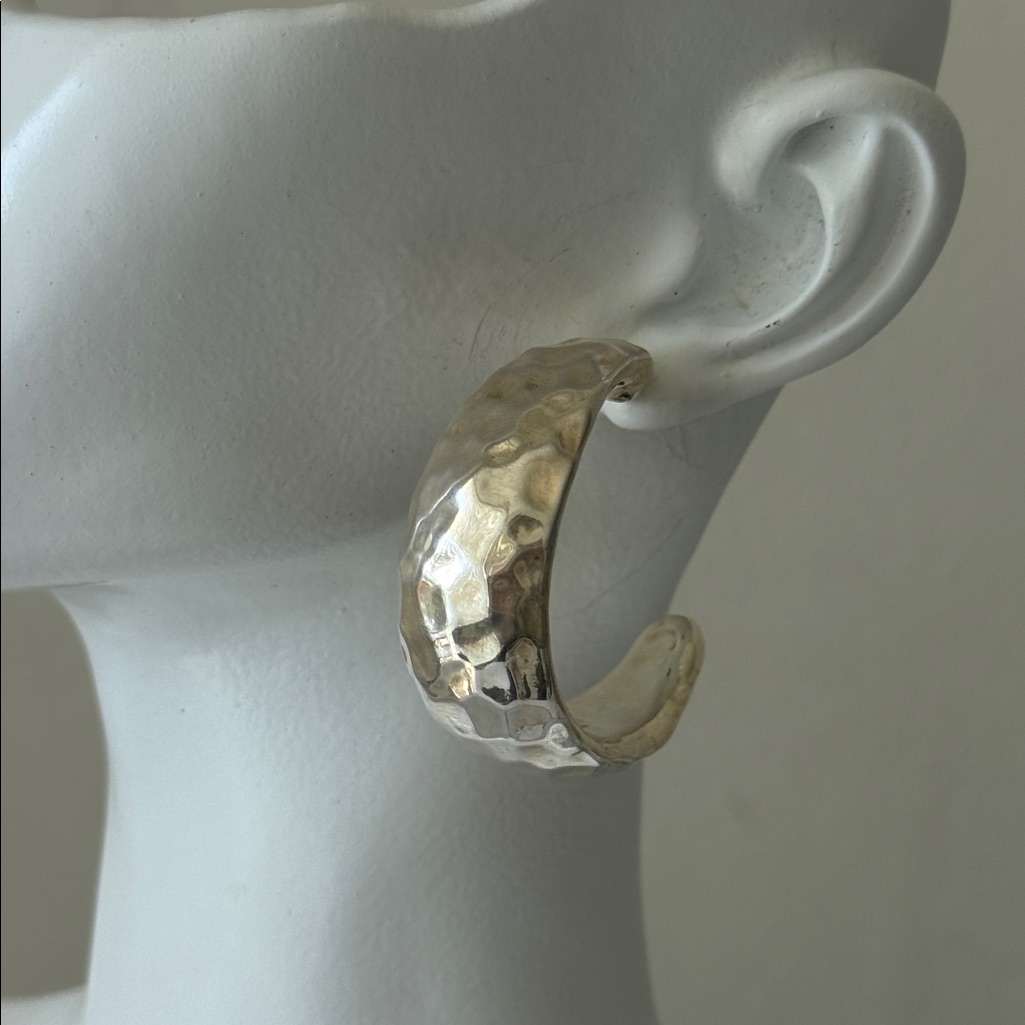 E&L Sterling Silver Earrings Electroform Hammered Open Hoop Israel 1.5in Long